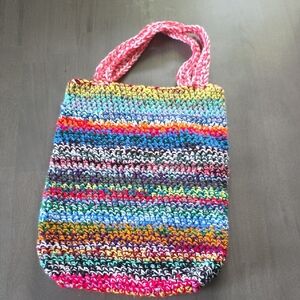 Hand Crafted Multicolor Crochet Tote Bag with Pink Handles